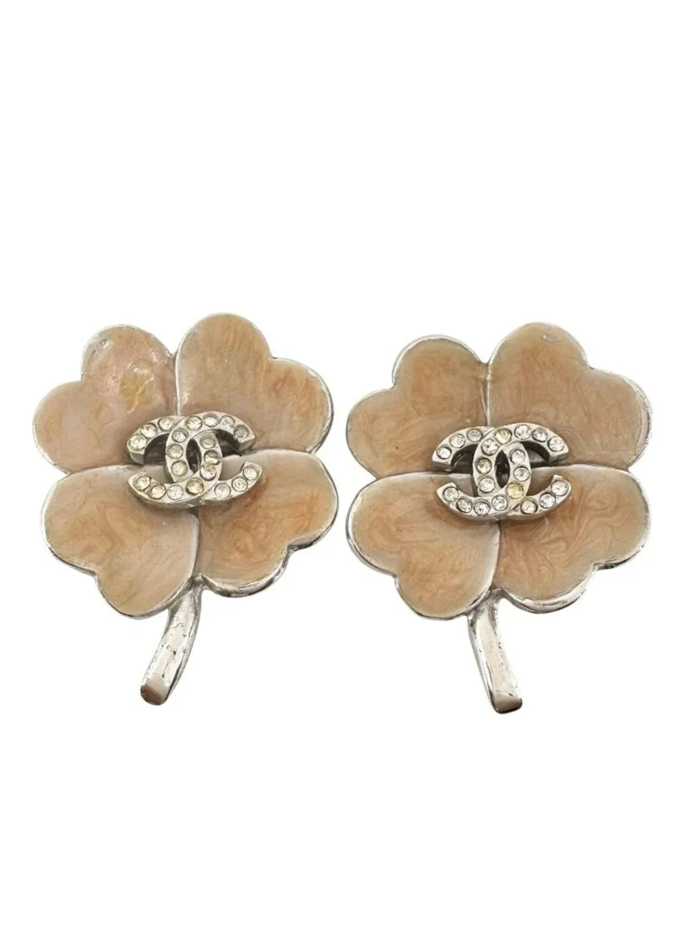 Chanel CC Logo Clover Crystal Silver Pink Beige Earrings